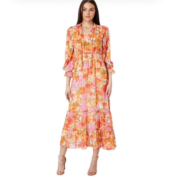 Vince Camuto Dresses & Skirts - Vince Camuto Orange Floral Smocked Long Sleeve Maxi Dress Size 2X